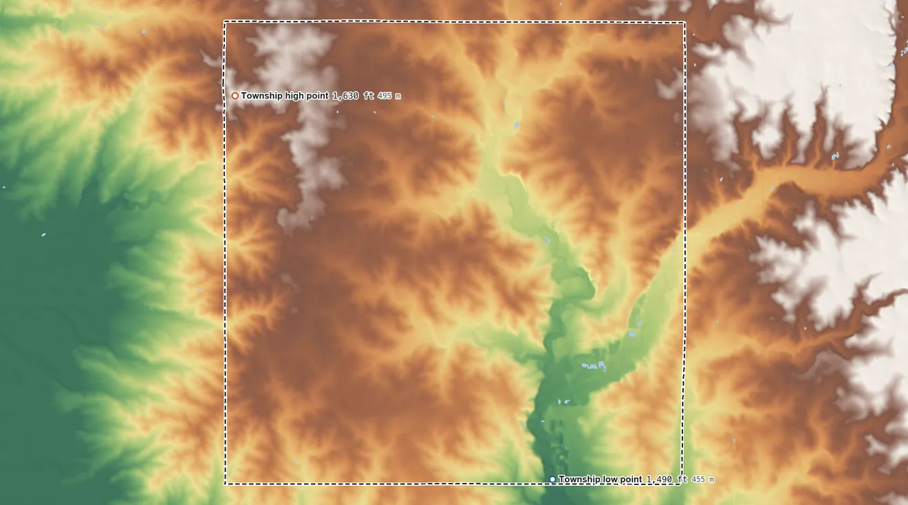 Topographic elevation map of Little Rock Township, Minnesota, shaded from 1,490 ft on the southeast side to 1,630 ft on the northwest side