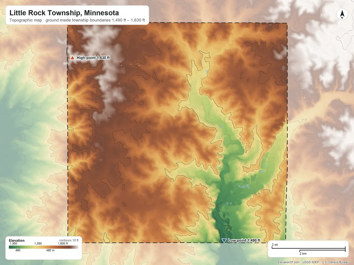 Topographic elevation map of Little Rock Township, Minnesota, shaded from 1,490 ft on the southeast side to 1,630 ft on the northwest side