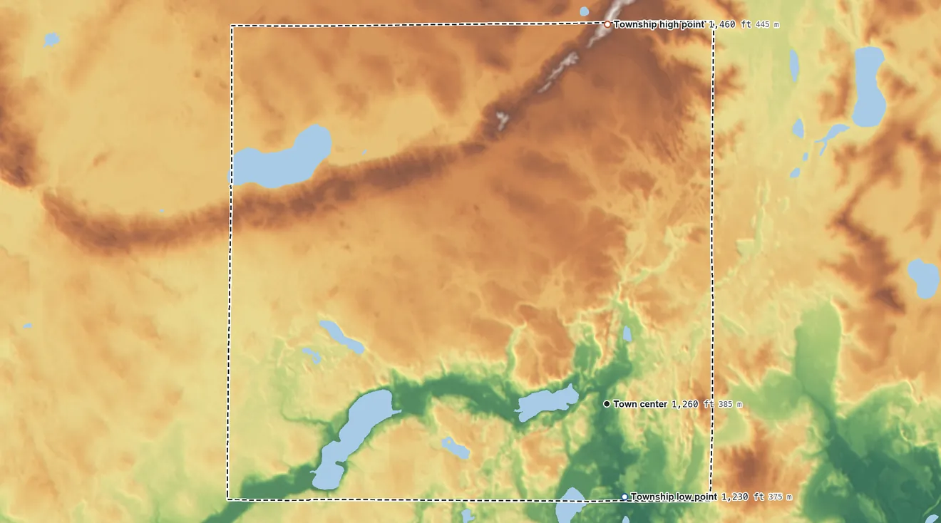 Topographic elevation map of Little Sauk Township, Minnesota, shaded from 1,230 ft on the south side to 1,460 ft on the north side