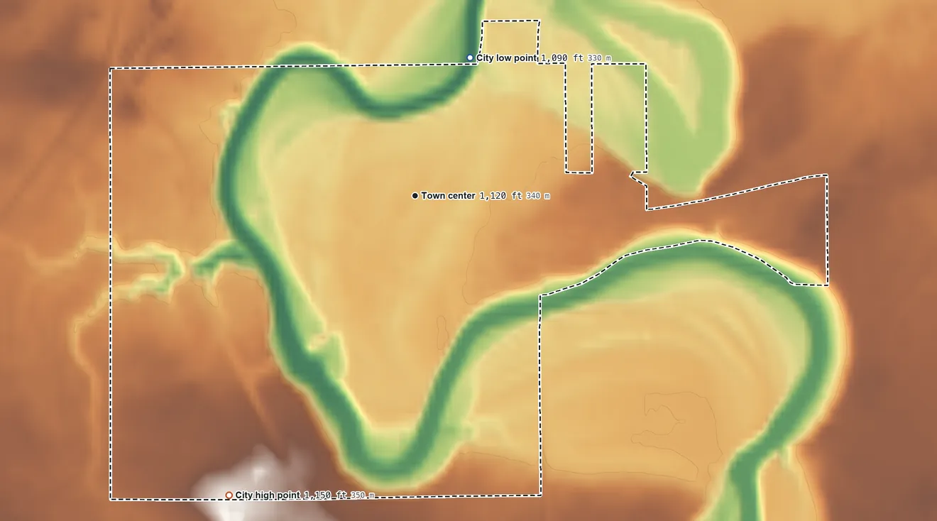Topographic elevation map of Littlefork, Minnesota, shaded from 1,090 ft on the north side to 1,150 ft on the southwest side