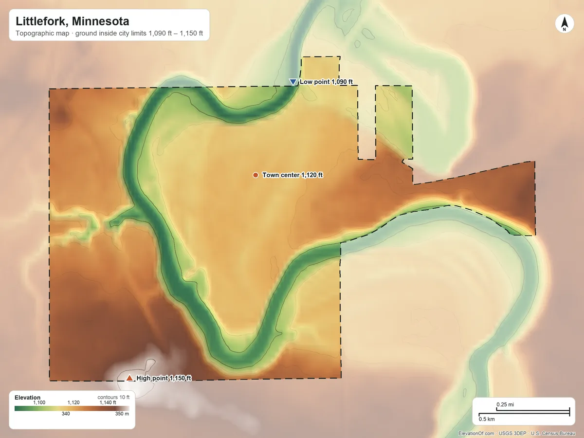 Topographic elevation map of Littlefork, Minnesota, shaded from 1,090 ft on the north side to 1,150 ft on the southwest side