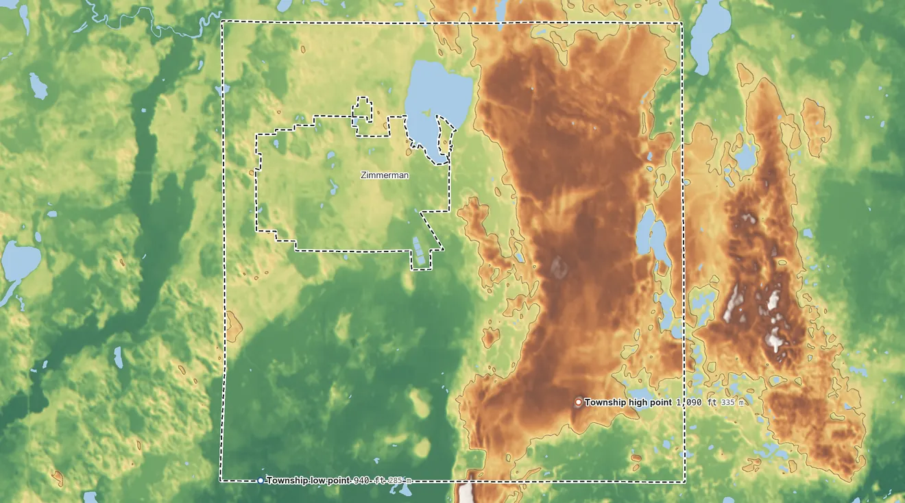 Topographic elevation map of Livonia Township, Minnesota, shaded from 940 ft on the southwest side to 1,090 ft on the southeast side