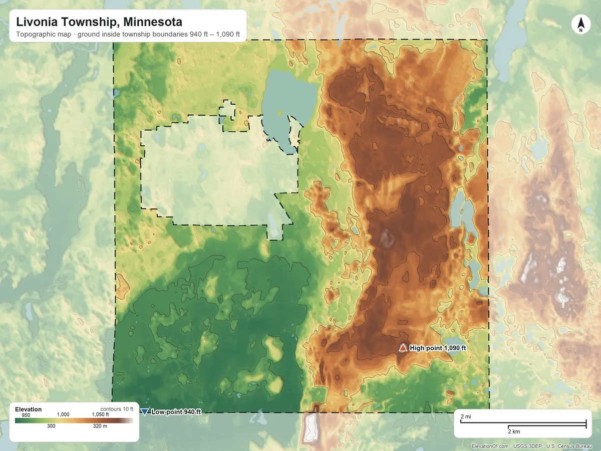 Topographic elevation map of Livonia Township, Minnesota, shaded from 940 ft on the southwest side to 1,090 ft on the southeast side