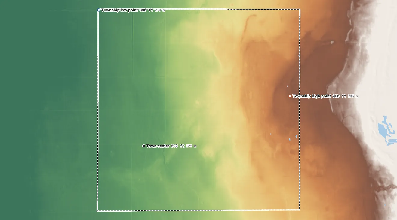 Topographic elevation map of Lockhart Township, Minnesota, shaded from 880 ft on the north side to 960 ft on the east side