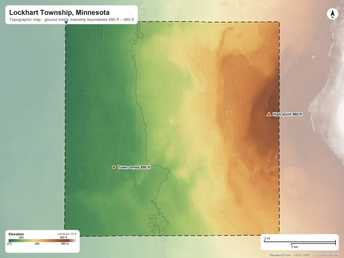 Topographic elevation map of Lockhart Township, Minnesota, shaded from 880 ft on the north side to 960 ft on the east side