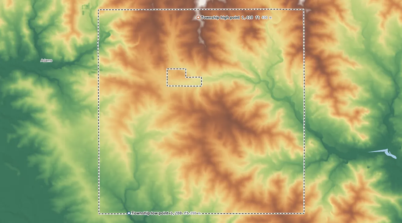 Topographic elevation map of Lodi Township, Minnesota, shaded from 1,280 ft on the southwest side to 1,410 ft on the north side