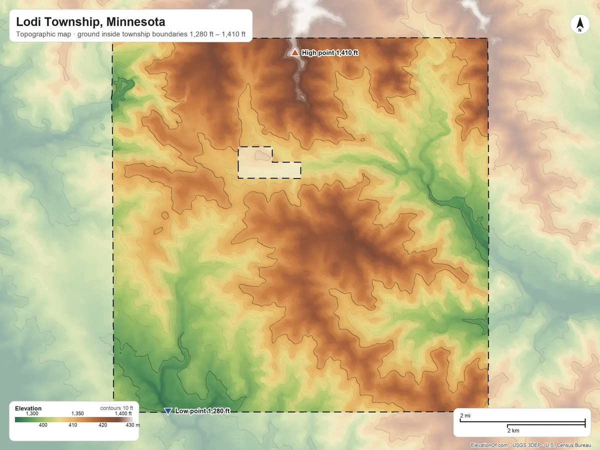 Topographic elevation map of Lodi Township, Minnesota, shaded from 1,280 ft on the southwest side to 1,410 ft on the north side