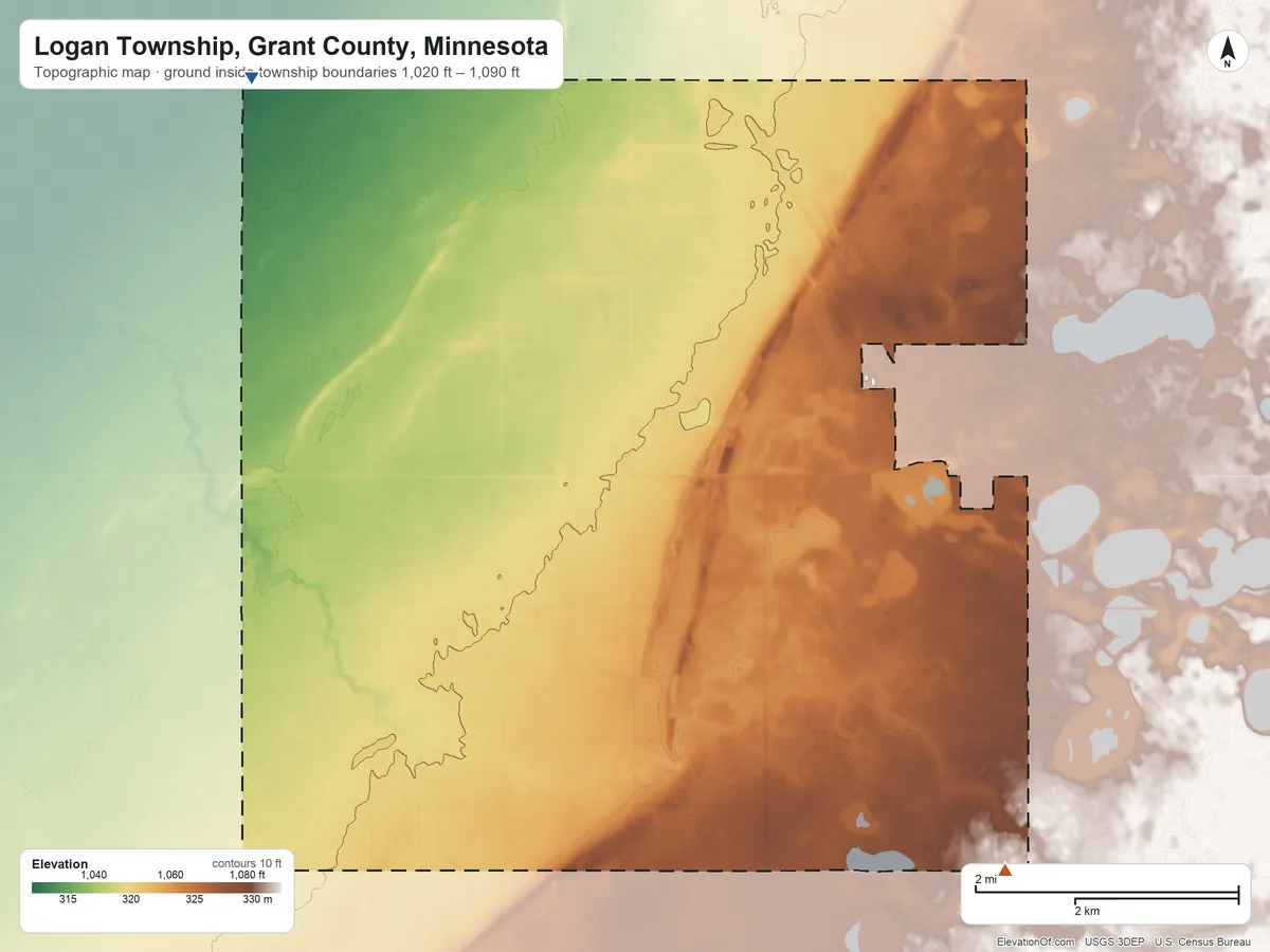 Topographic elevation map of Logan Township, Grant County, Minnesota, shaded from 1,020 ft on the northwest side to 1,090 ft on the southeast side
