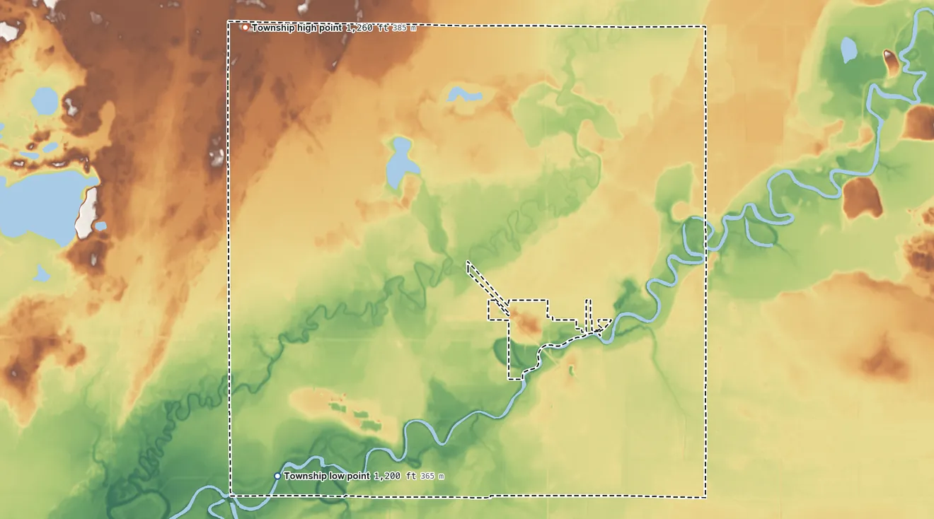 Topographic elevation map of Logan Township, Minnesota, shaded from 1,200 ft on the southwest side to 1,260 ft on the northwest side