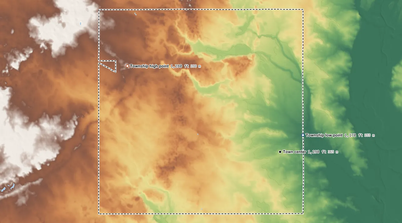 Topographic elevation map of London Township, Minnesota, shaded from 1,170 ft near the middle to 1,280 ft on the northwest side