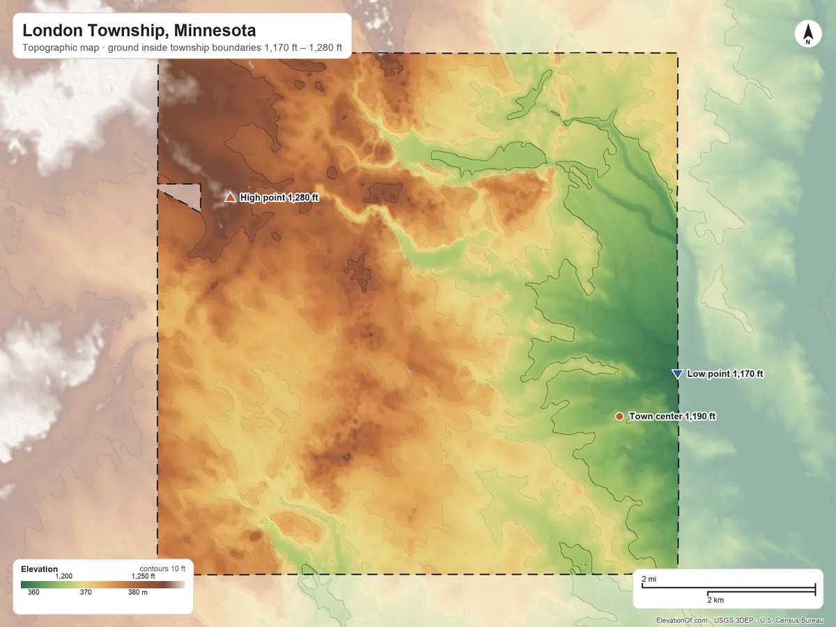 Topographic elevation map of London Township, Minnesota, shaded from 1,170 ft near the middle to 1,280 ft on the northwest side