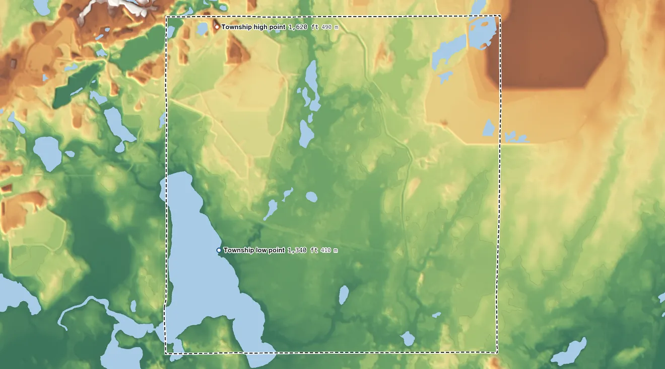 Topographic elevation map of Lone Pine Township, Minnesota, shaded from 1,340 ft near the middle to 1,620 ft on the north side