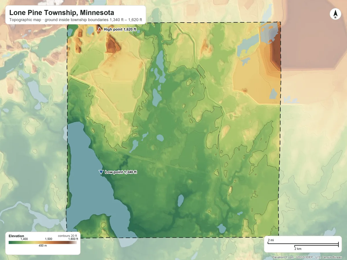Topographic elevation map of Lone Pine Township, Minnesota, shaded from 1,340 ft near the middle to 1,620 ft on the north side