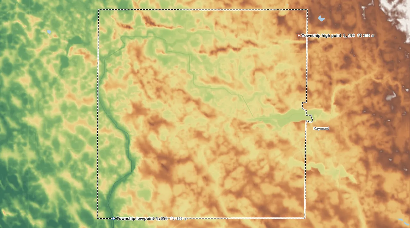 Topographic elevation map of Lone Tree Township, Minnesota, shaded from 1,050 ft on the southwest side to 1,110 ft on the northeast side