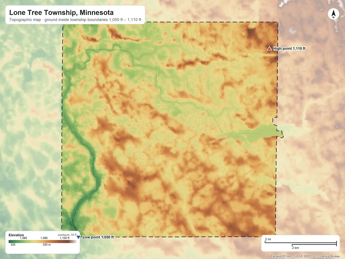 Topographic elevation map of Lone Tree Township, Minnesota, shaded from 1,050 ft on the southwest side to 1,110 ft on the northeast side