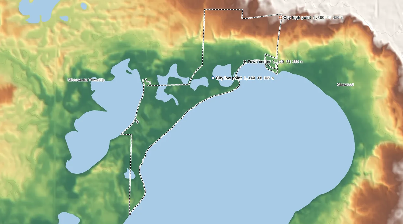 Topographic elevation map of Long Beach, Minnesota, shaded from 1,140 ft on the southwest side to 1,380 ft on the northeast side