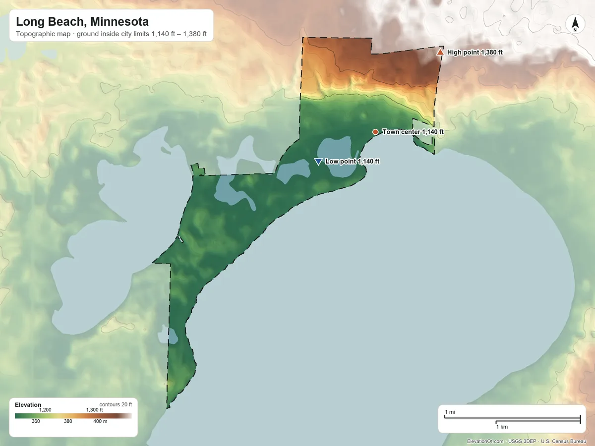 Topographic elevation map of Long Beach, Minnesota, shaded from 1,140 ft on the southwest side to 1,380 ft on the northeast side