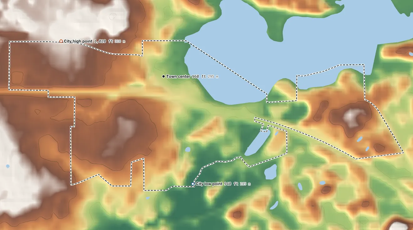 Topographic elevation map of Long Lake, Minnesota, shaded from 940 ft on the south side to 1,020 ft on the west side