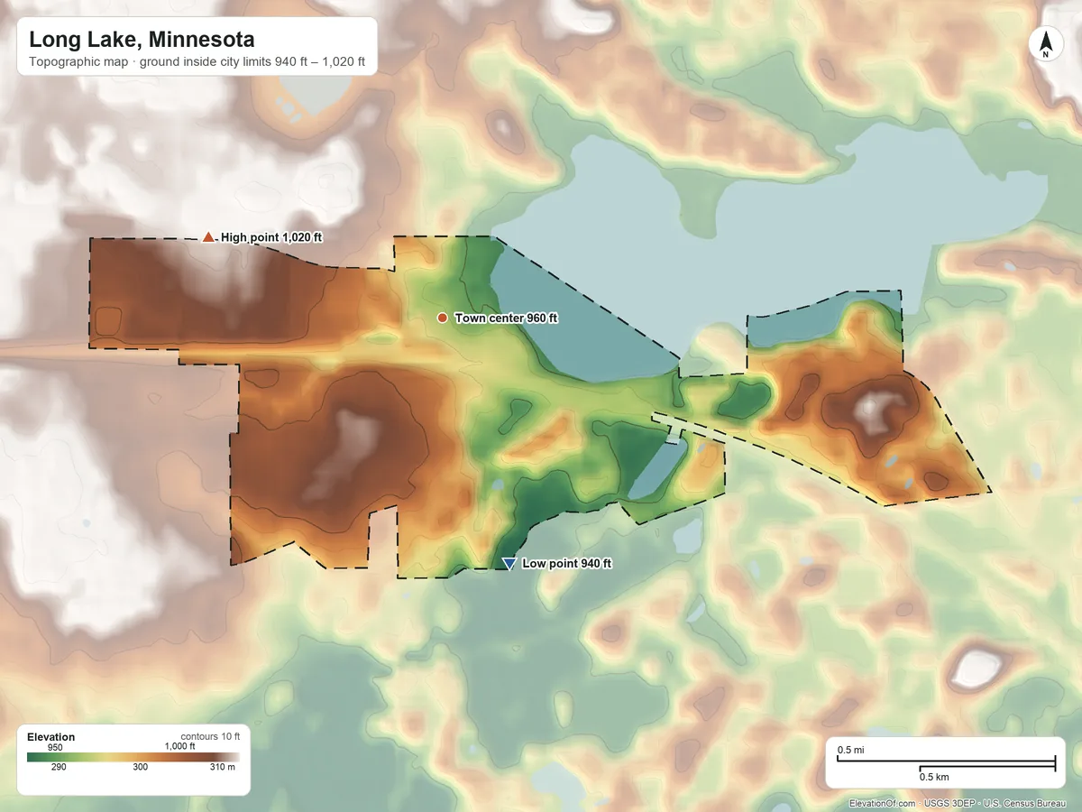Topographic elevation map of Long Lake, Minnesota, shaded from 940 ft on the south side to 1,020 ft on the west side