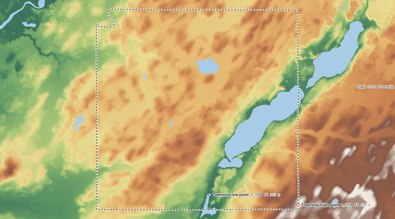 Topographic elevation map of Long Lake Township, Minnesota, shaded from 1,190 ft on the south side to 1,350 ft on the southeast side