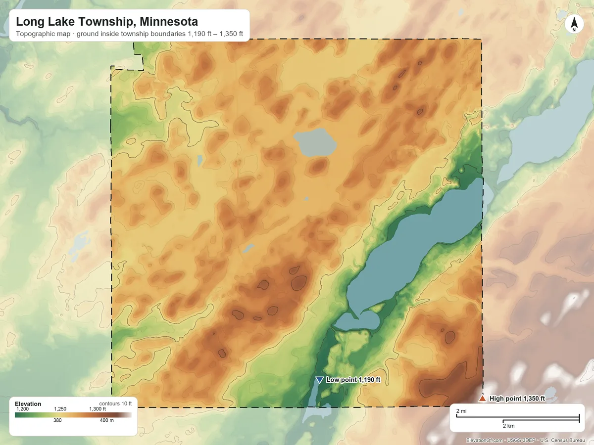Topographic elevation map of Long Lake Township, Minnesota, shaded from 1,190 ft on the south side to 1,350 ft on the southeast side