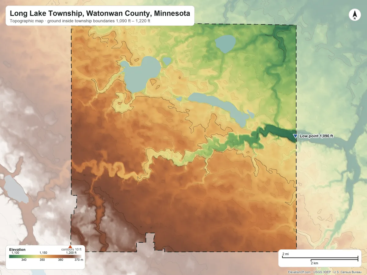 Topographic elevation map of Long Lake Township, Watonwan County, Minnesota, shaded from 1,090 ft on the east side to 1,220 ft on the southwest side