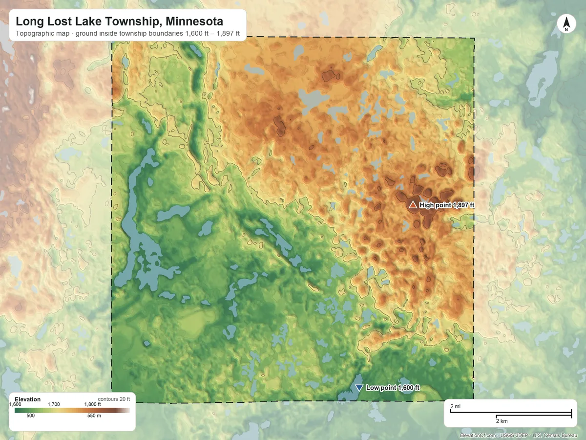 Topographic elevation map of Long Lost Lake Township, Minnesota, shaded from 1,600 ft on the southeast side to 1,897 ft on Anchor Hill
