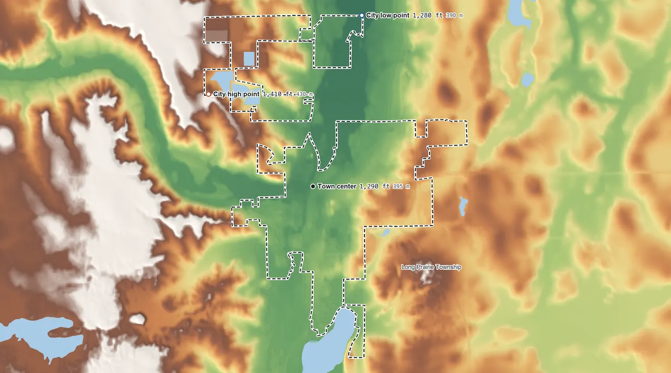Topographic elevation map of Long Prairie, Minnesota, shaded from 1,280 ft on the north side to 1,410 ft on the northwest side