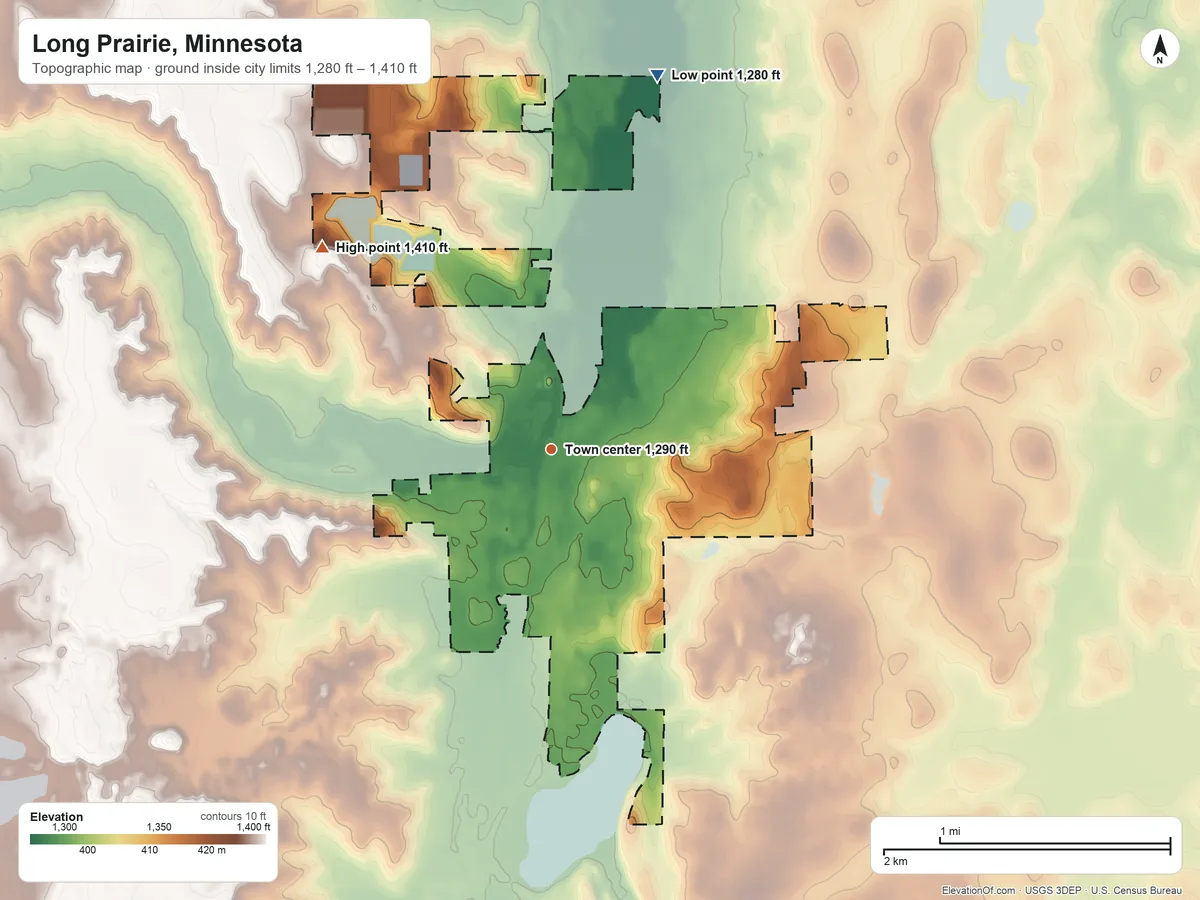Topographic elevation map of Long Prairie, Minnesota, shaded from 1,280 ft on the north side to 1,410 ft on the northwest side