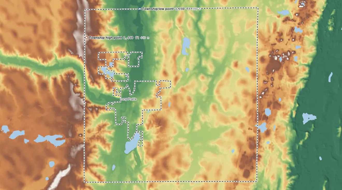 Topographic elevation map of Long Prairie Township, Minnesota, shaded from 1,280 ft on the north side to 1,440 ft on the northwest side