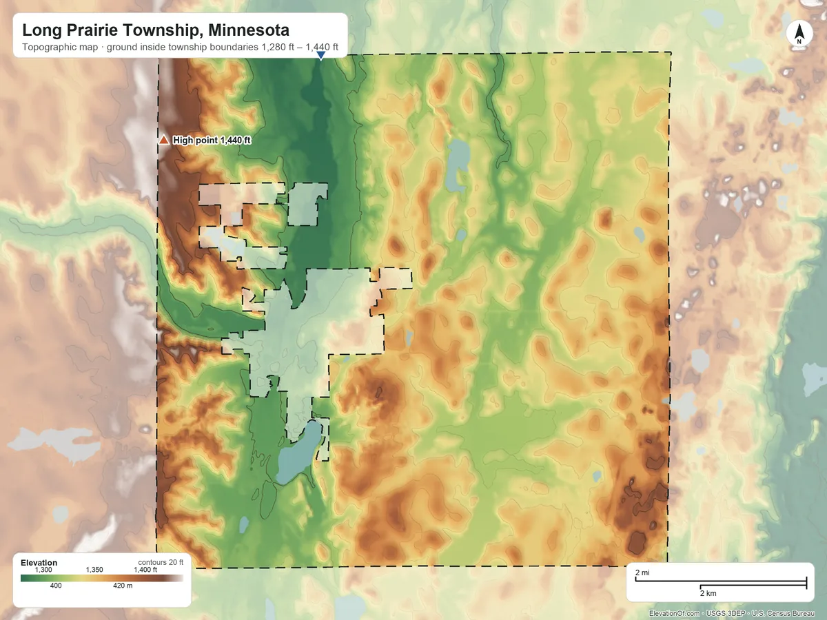 Topographic elevation map of Long Prairie Township, Minnesota, shaded from 1,280 ft on the north side to 1,440 ft on the northwest side