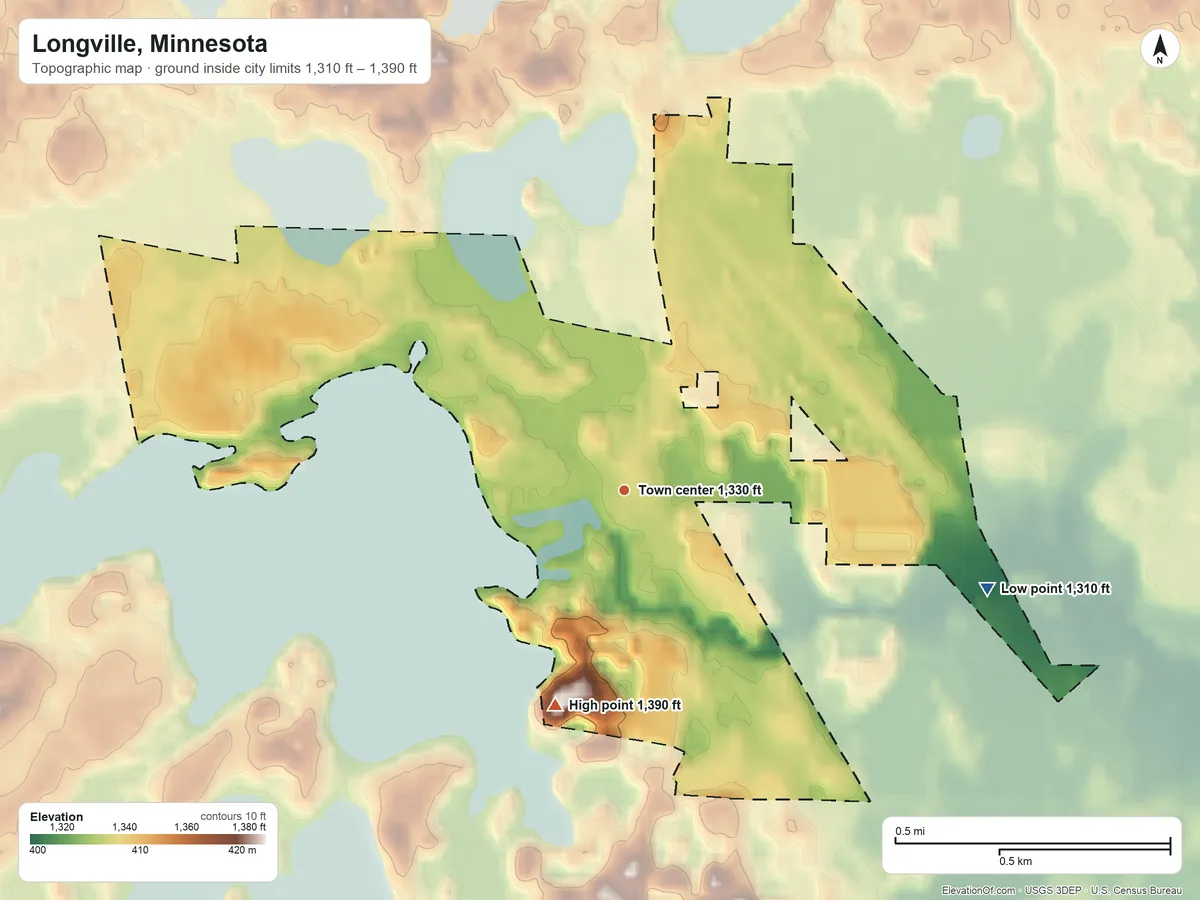 Topographic elevation map of Longville, Minnesota, shaded from 1,310 ft on the east side to 1,390 ft on the south side