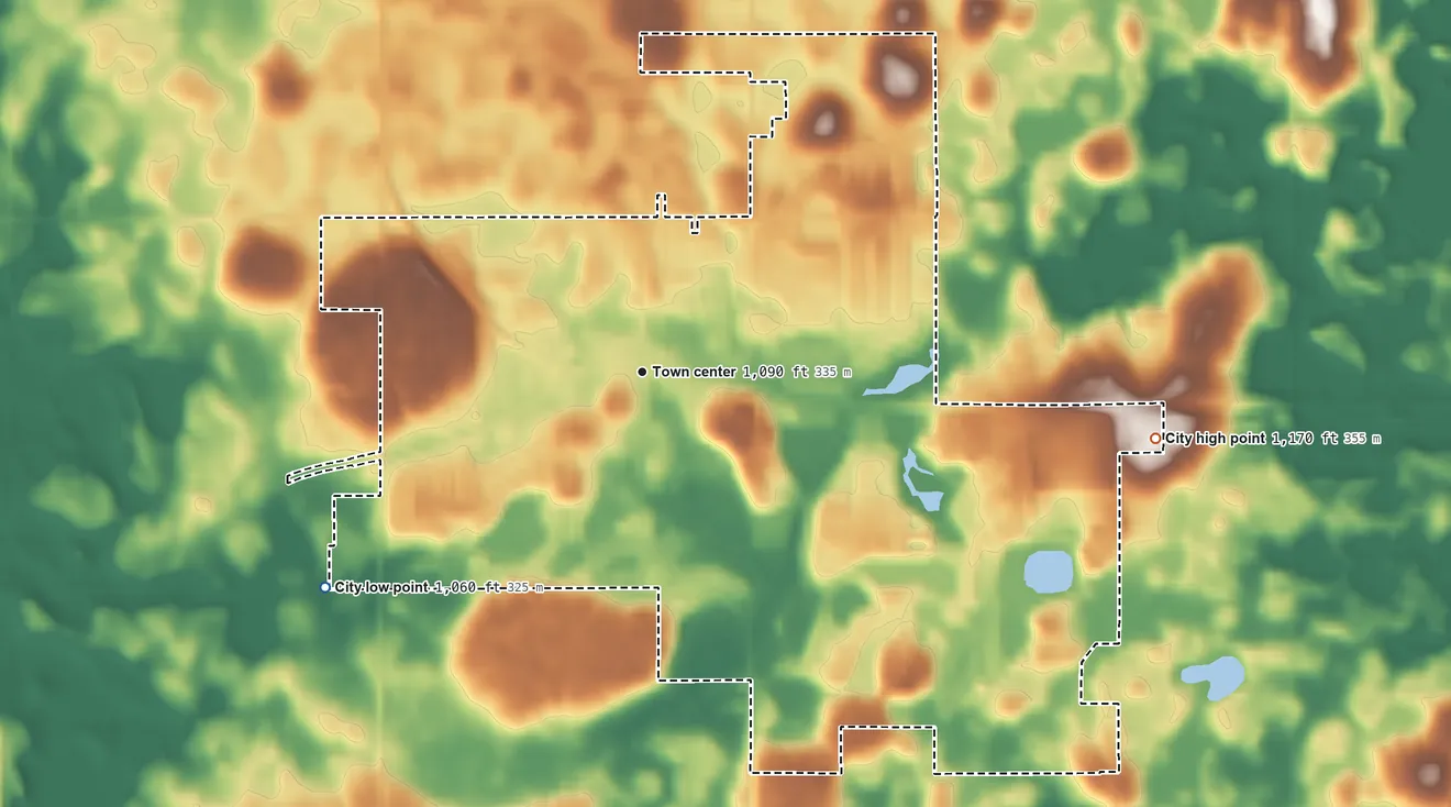 Topographic elevation map of Lonsdale, Minnesota, shaded from 1,060 ft on the southwest side to 1,170 ft on the east side