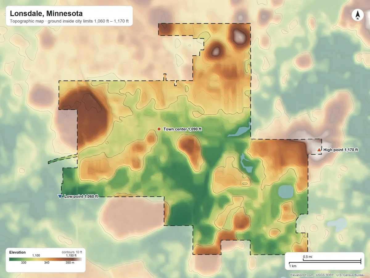 Topographic elevation map of Lonsdale, Minnesota, shaded from 1,060 ft on the southwest side to 1,170 ft on the east side