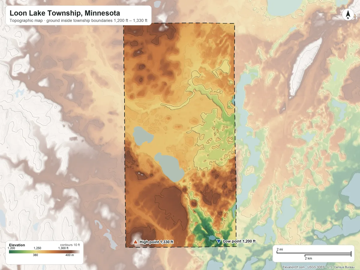 Topographic elevation map of Loon Lake Township, Minnesota, shaded from 1,200 ft on the southeast side to 1,330 ft on the south side