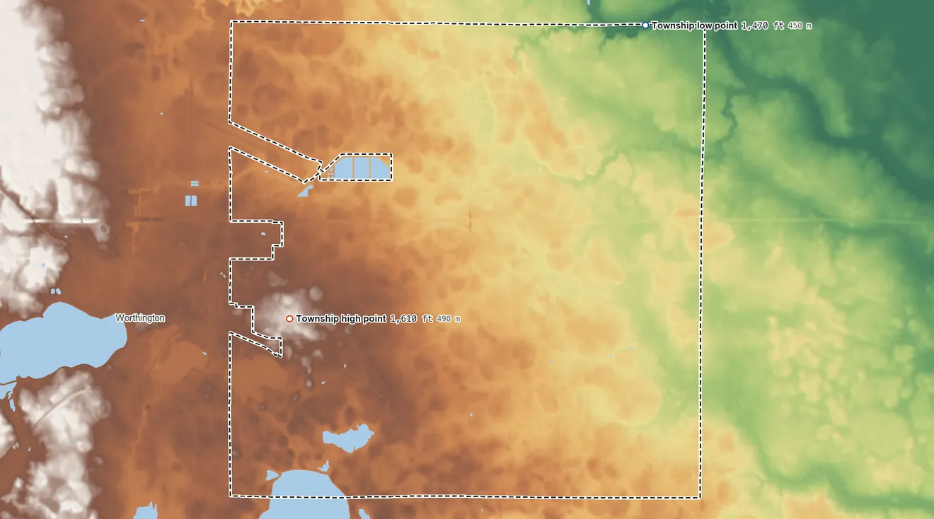 Topographic elevation map of Lorain Township, Minnesota, shaded from 1,470 ft on the northeast side to 1,610 ft on the west side