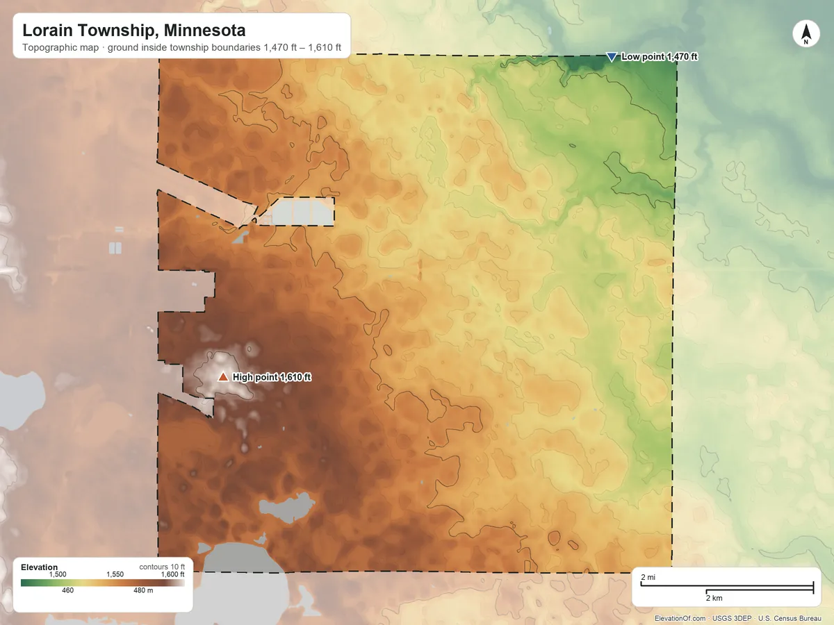 Topographic elevation map of Lorain Township, Minnesota, shaded from 1,470 ft on the northeast side to 1,610 ft on the west side