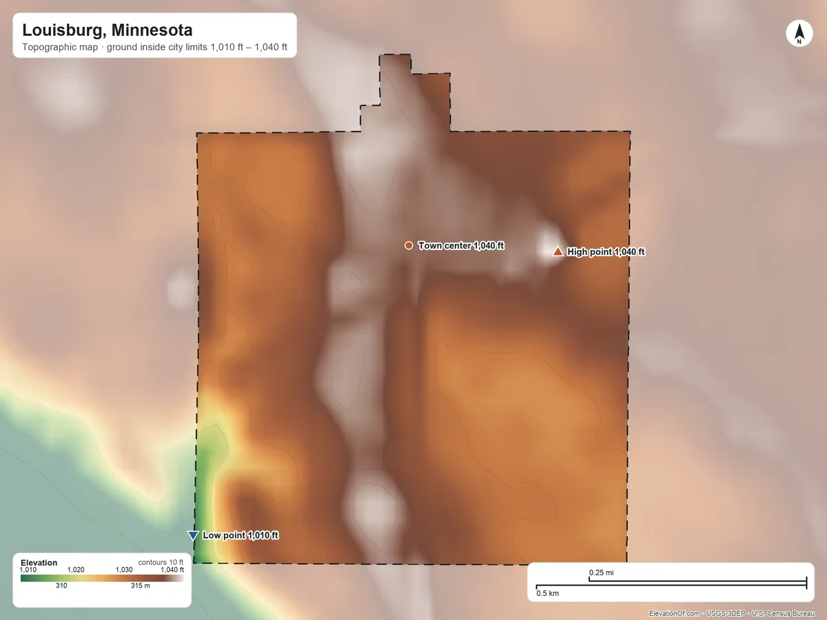 Topographic elevation map of Louisburg, Minnesota, shaded from 1,010 ft on the southwest side to 1,040 ft on the east side