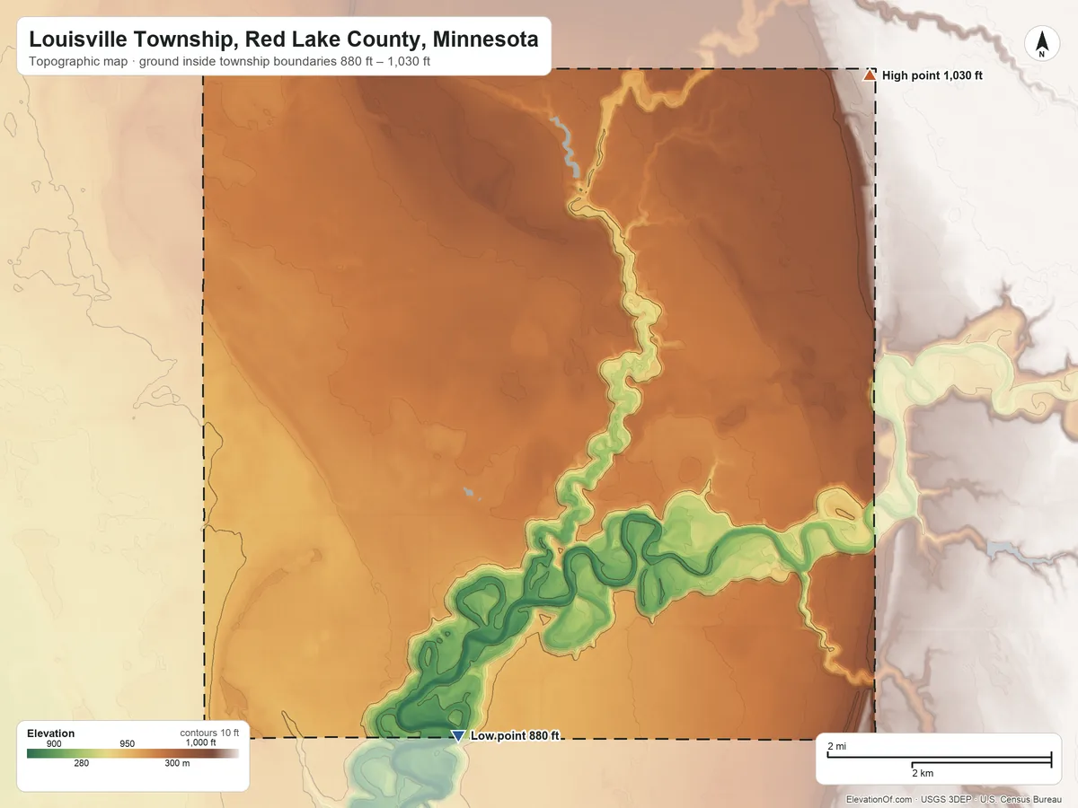 Topographic elevation map of Louisville Township, Red Lake County, Minnesota, shaded from 880 ft on the south side to 1,030 ft on the northeast side