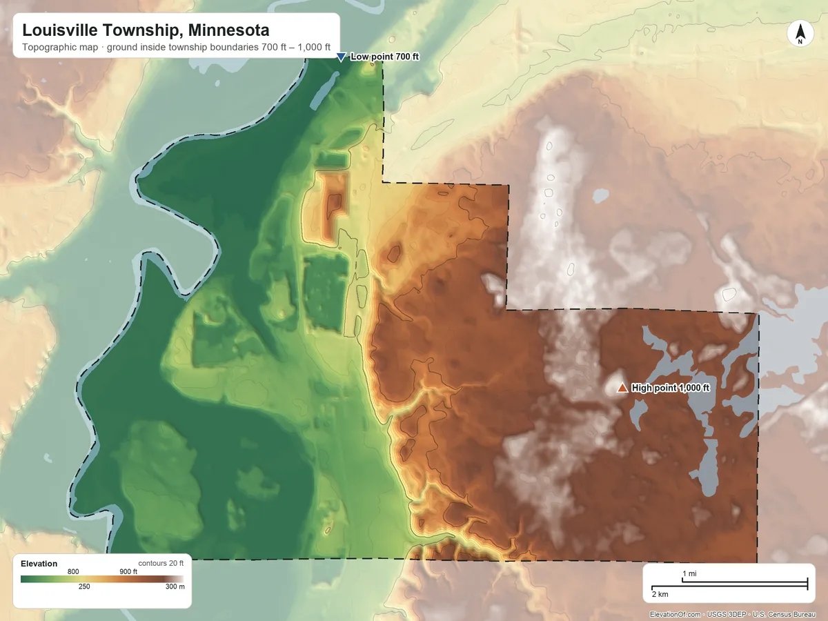 Topographic elevation map of Louisville Township, Minnesota, shaded from 700 ft on the northwest side to 1,000 ft on the southeast side