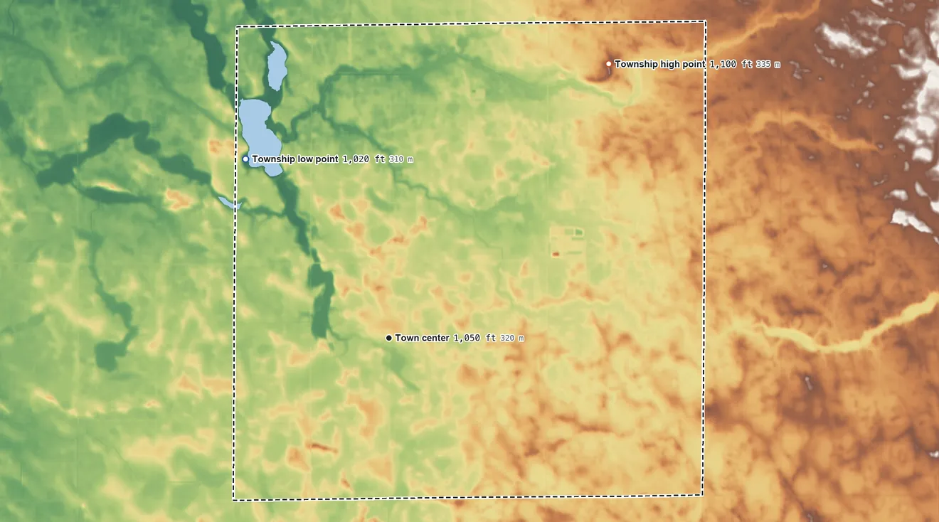 Topographic elevation map of Louriston Township, Minnesota, shaded from 1,020 ft on the northwest side to 1,100 ft on the northeast side
