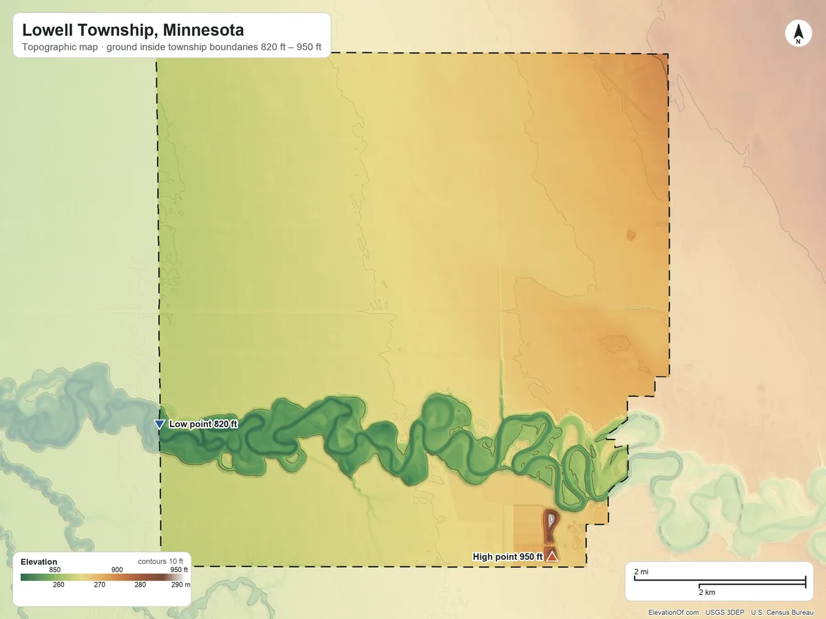 Topographic elevation map of Lowell Township, Minnesota, shaded from 820 ft on the west side to 950 ft on the southeast side