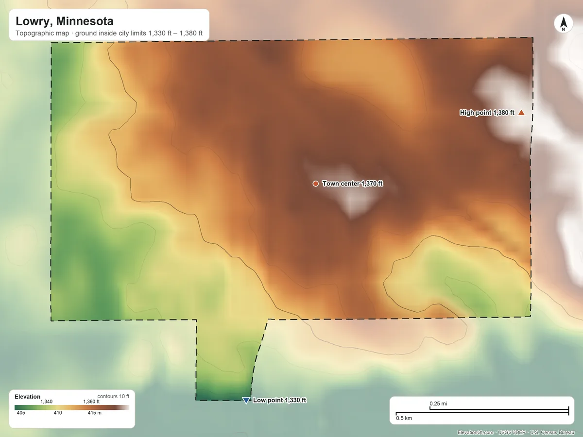 Topographic elevation map of Lowry, Minnesota, shaded from 1,330 ft on the south side to 1,380 ft on the east side