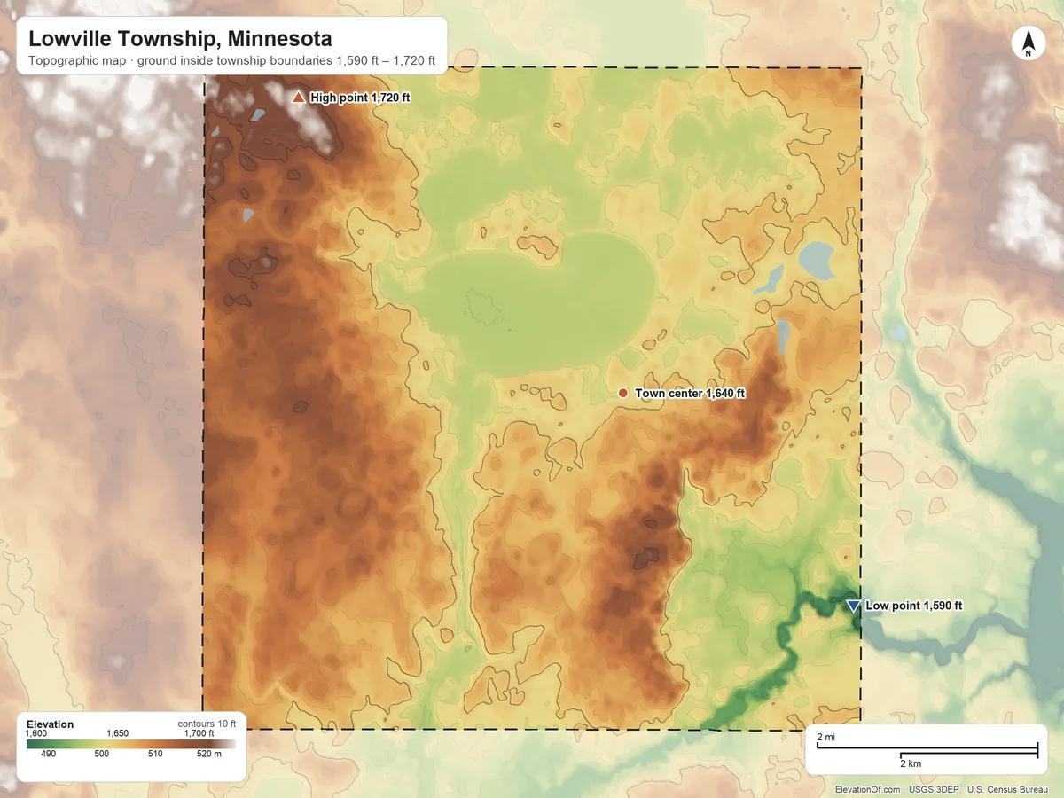 Topographic elevation map of Lowville Township, Minnesota, shaded from 1,590 ft on the southeast side to 1,720 ft on the northwest side