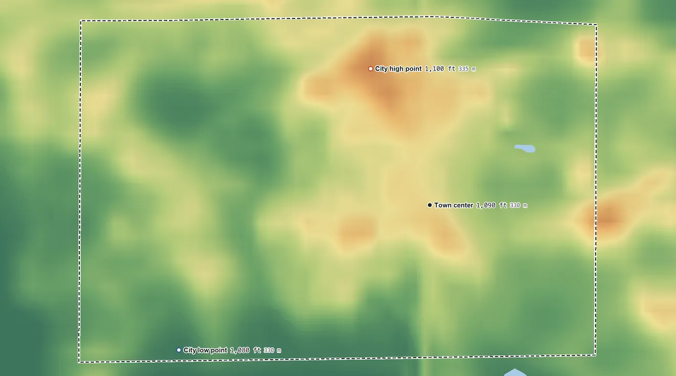 Topographic elevation map of Lucan, Minnesota, shaded from 1,080 ft on the southwest side to 1,100 ft on the northwest side