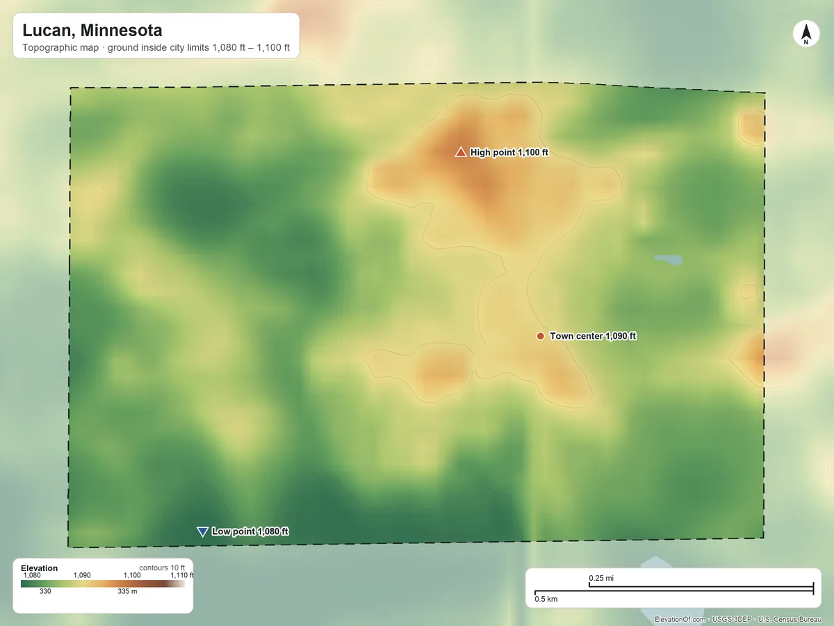 Topographic elevation map of Lucan, Minnesota, shaded from 1,080 ft on the southwest side to 1,100 ft on the northwest side