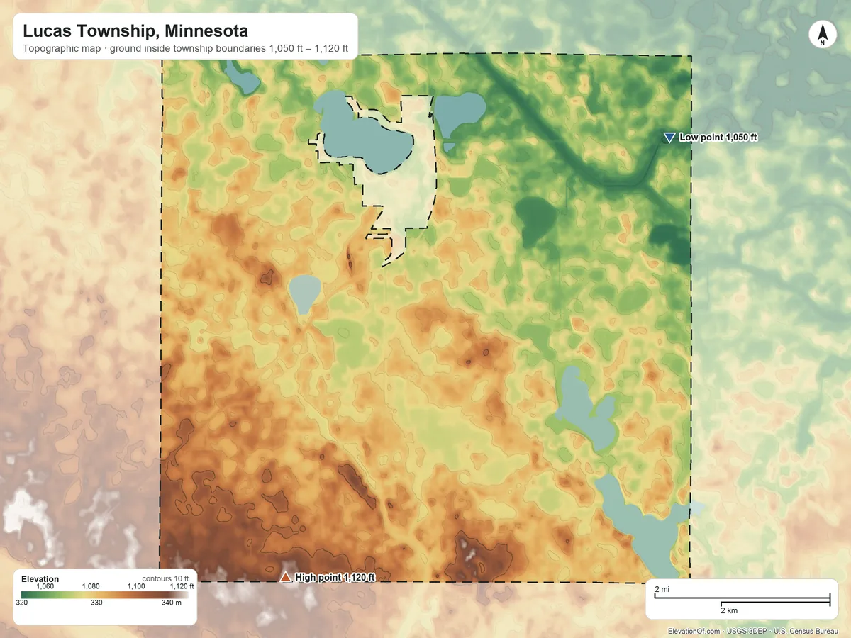 Topographic elevation map of Lucas Township, Minnesota, shaded from 1,050 ft on the northeast side to 1,120 ft on the southwest side