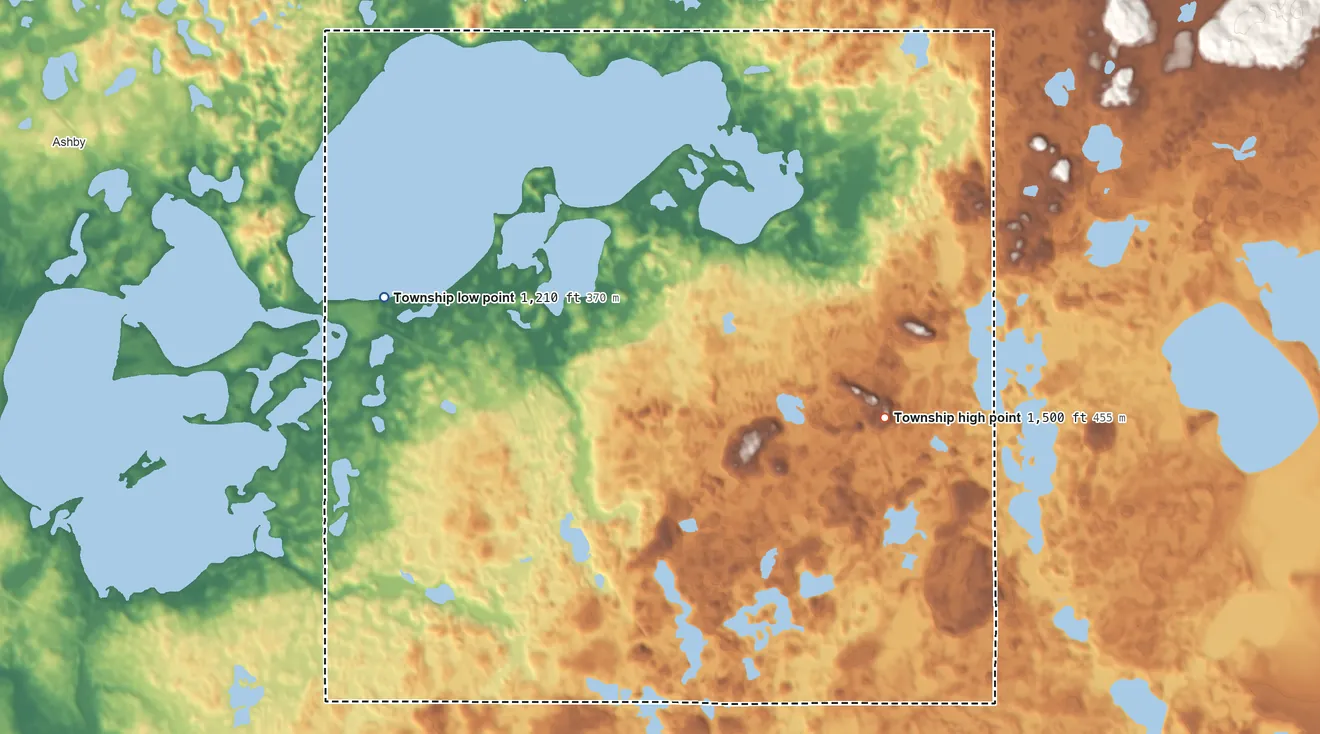 Topographic elevation map of Lund Township, Minnesota, shaded from 1,210 ft on the northwest side to 1,500 ft on the east side