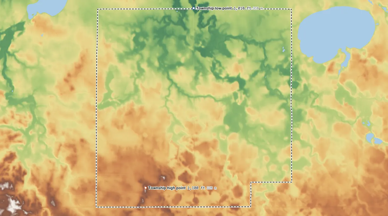 Topographic elevation map of Lura Township, Minnesota, shaded from 1,010 ft on the north side to 1,100 ft on the southwest side