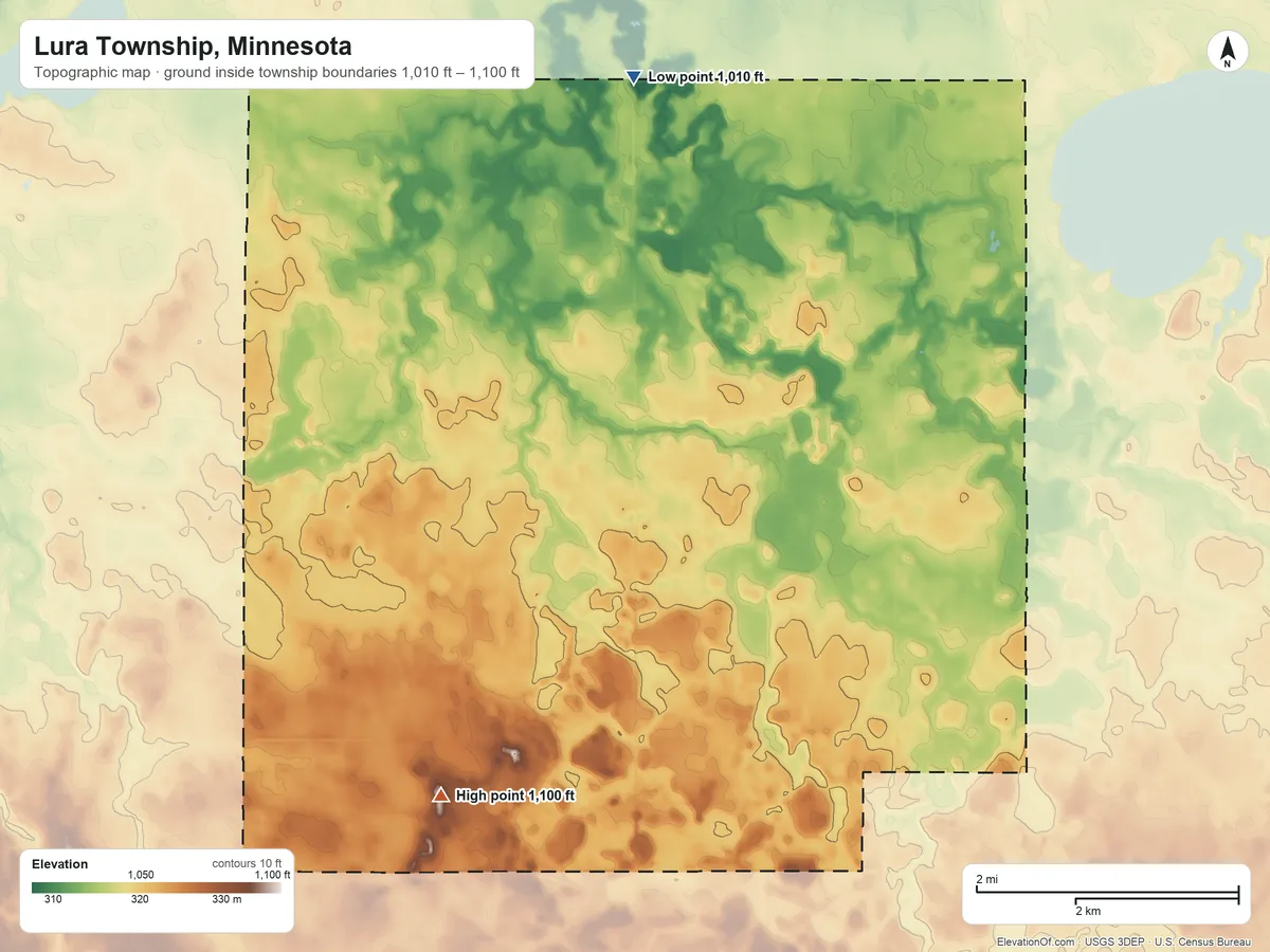 Topographic elevation map of Lura Township, Minnesota, shaded from 1,010 ft on the north side to 1,100 ft on the southwest side